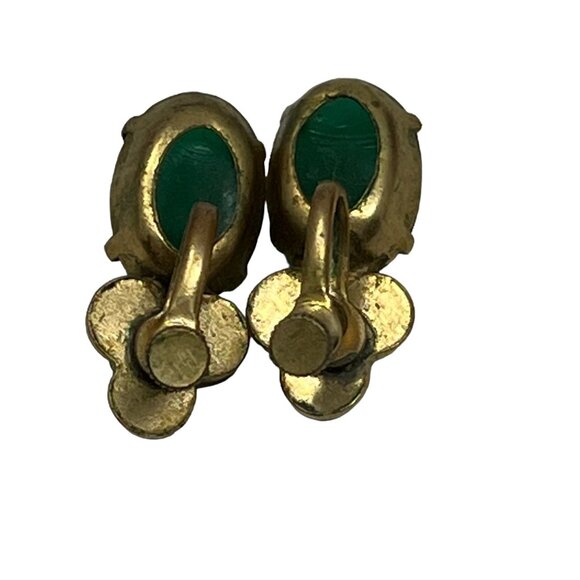 Vintage Screw Back Earrings Clear Rhinestones Green Glass Center Dangle Drop - Picture 4 of 8